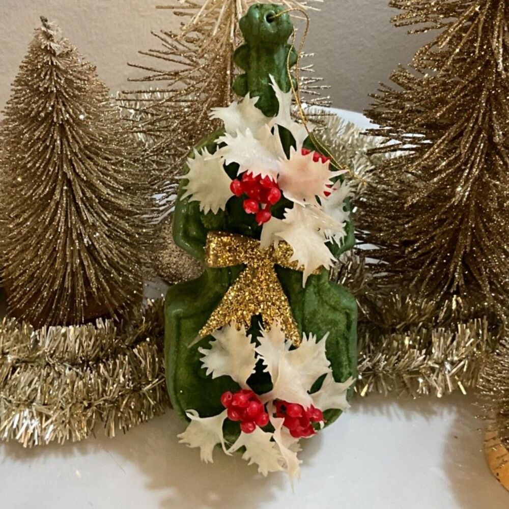 Vintage MCM flocked Christmas ornament Cello with holly berries & gold bow rare